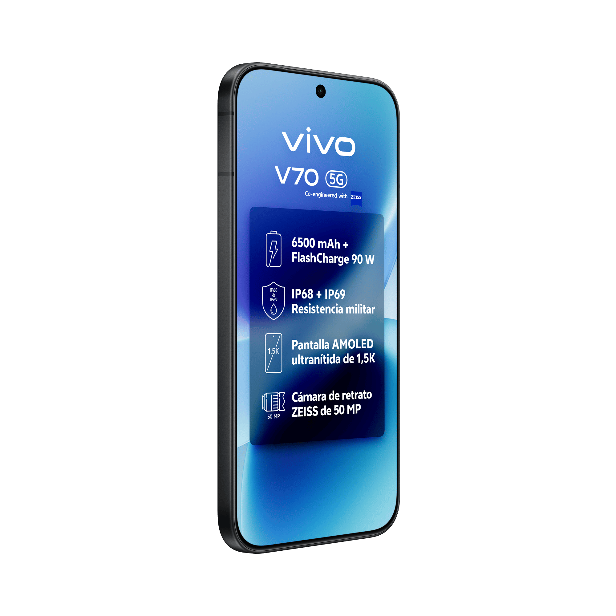 Alt Text: Tecnología de batería BlueVolt de 6500 mAh para autonomía de larga duración en el vivo® V70.