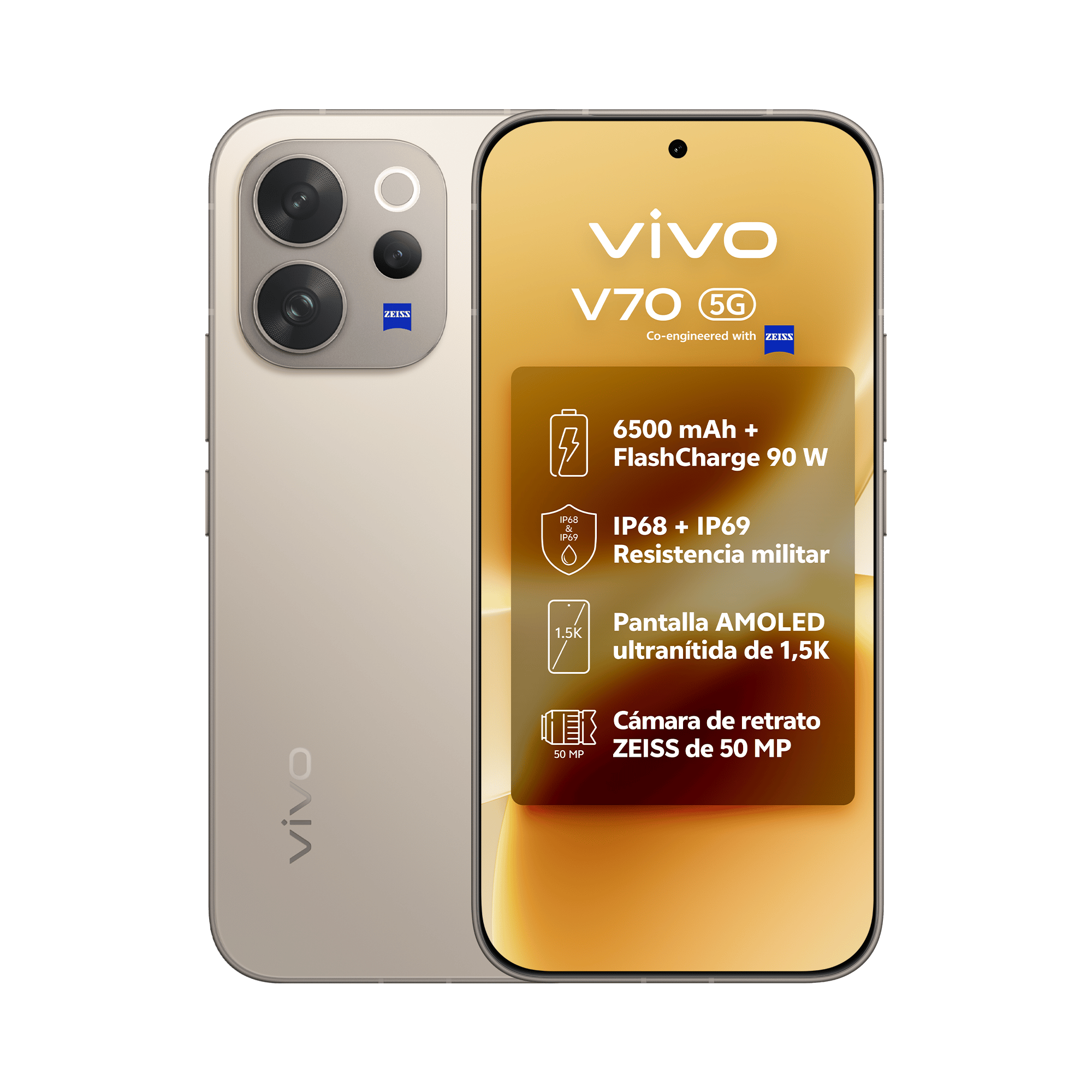 Detalle de la cámara superteleobjetivo ZEISS de 50 MP con zoom óptico 3x del vivo V70.
