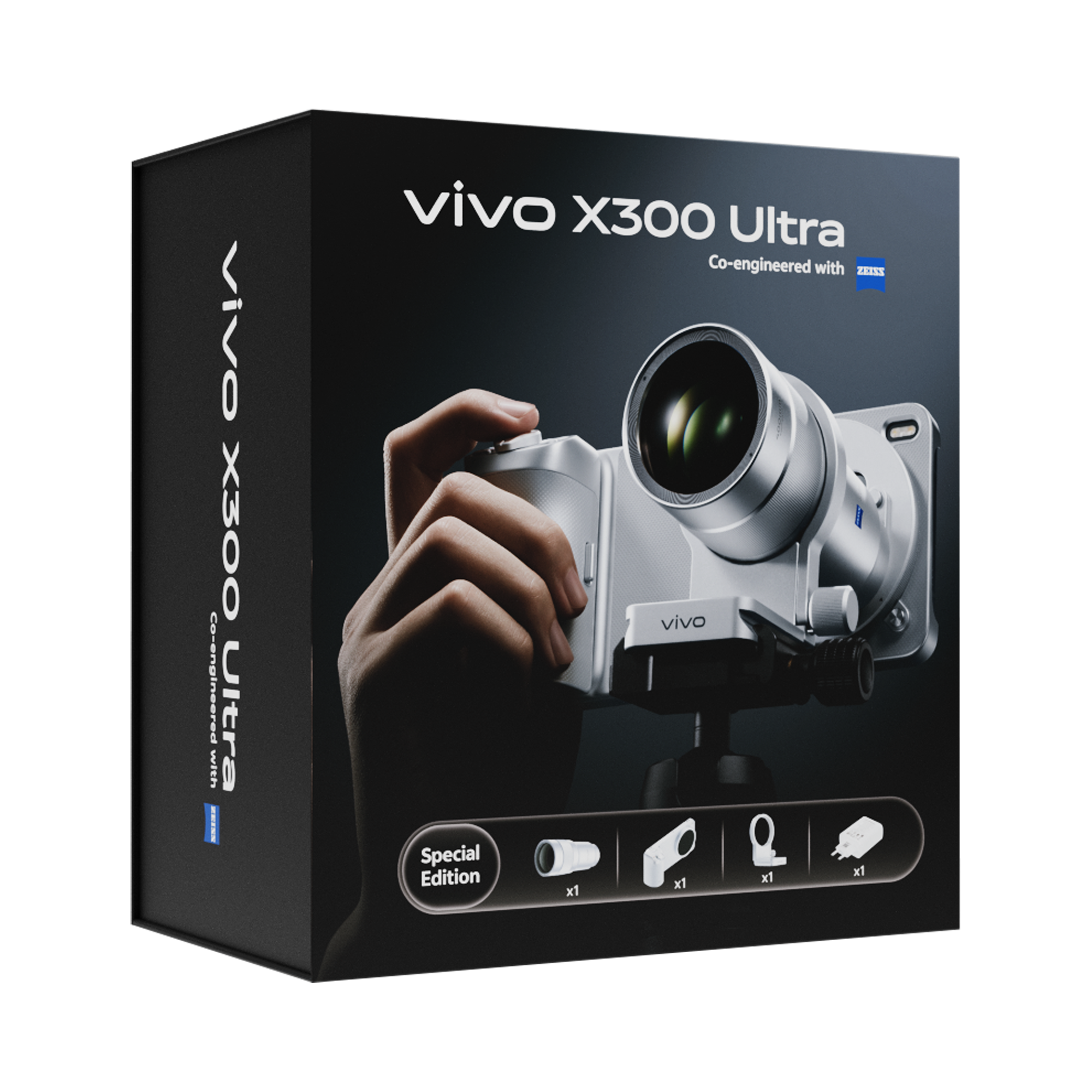 Accesorios oficiales del vivo X300 Ultra: empuñadura con grip de batería, extensor de teleobjetivo Gen 2 Ultra de 400mm y anillo de trípode.