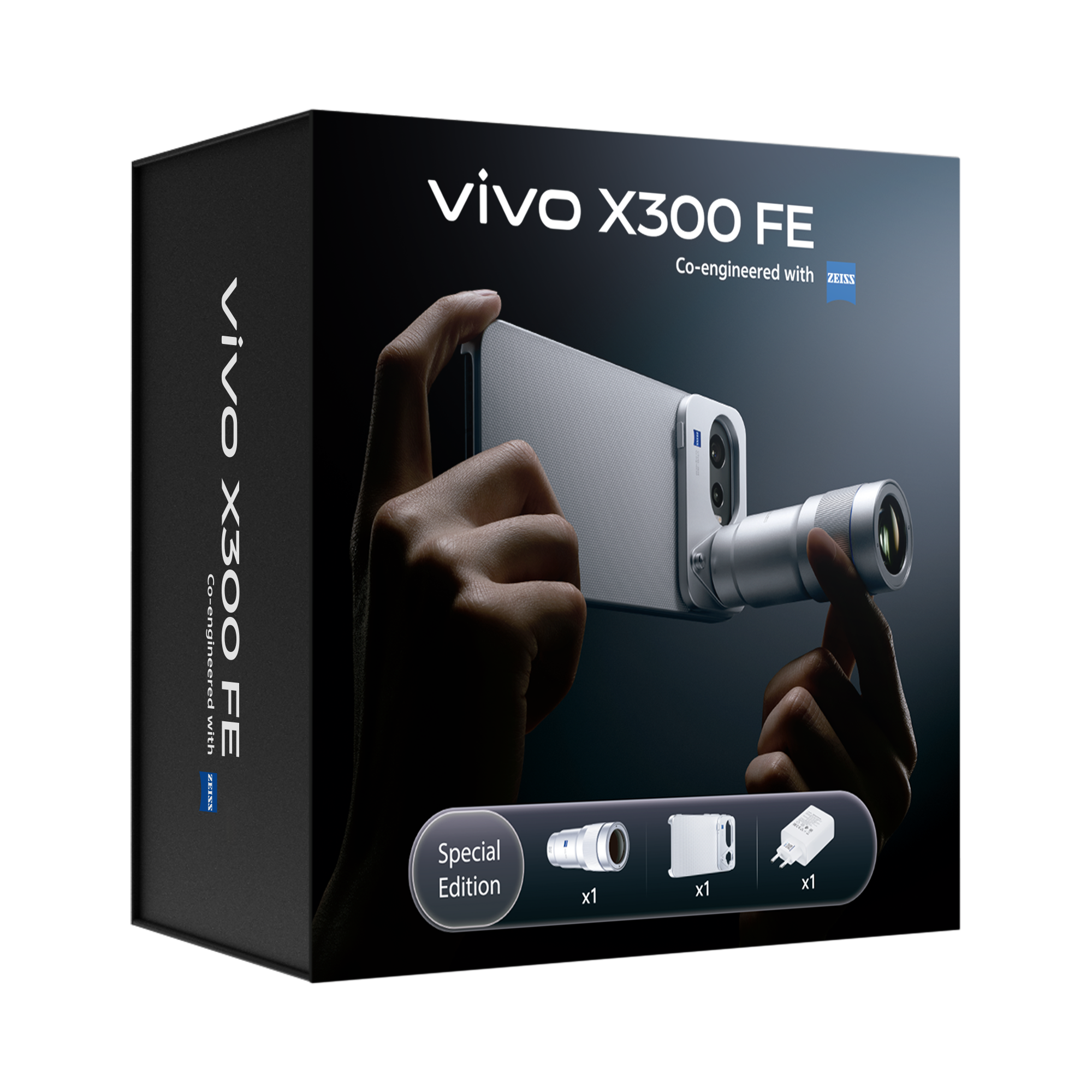 Contenido del kit fotográfico oficial de vivo con el extensor teleobjetivo ZEISS Gen 2, el grip de agarre y el cargador rápido de 90W.
