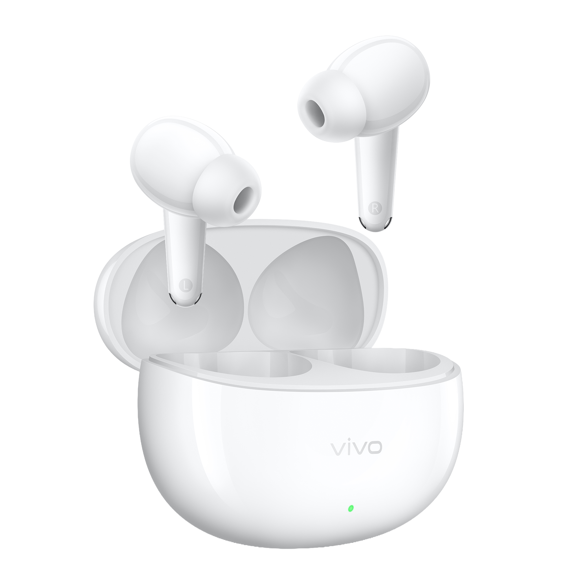 Auriculares inalámbricos vivo Buds Pro blanco en su estuche compacto con sistema de carga ultrarrápida completa en dos horas.