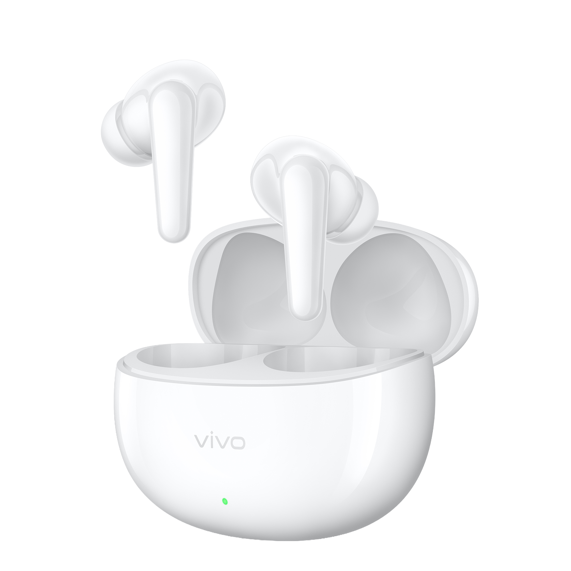 Primer plano del auricular vivo Buds Pro Makrana White que resalta sus controles inteligentes y la función de pausa y reanudación automática.