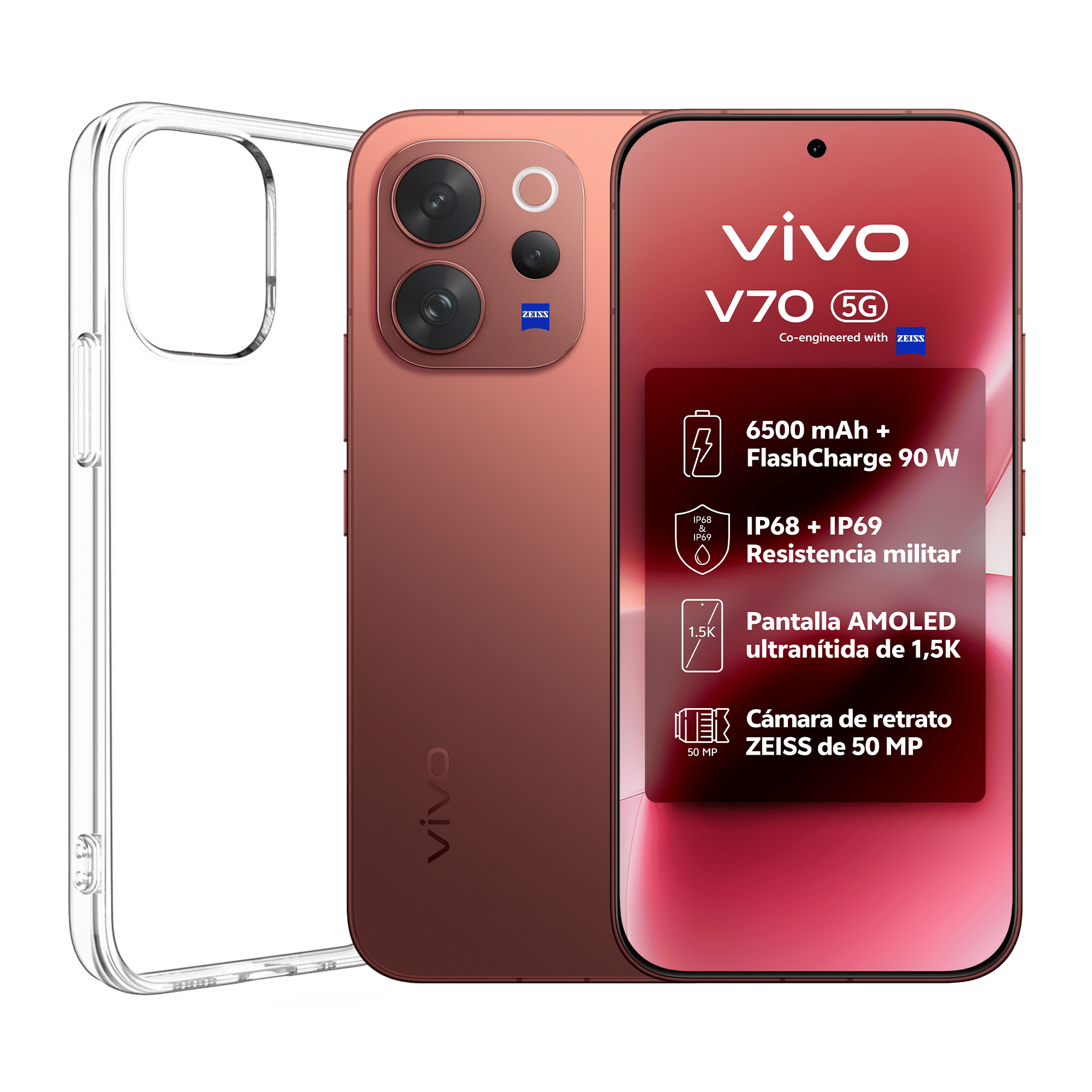 Cuerpo completo del vivo® V70 5G en color Sandalwood con acabado refinado y elegante