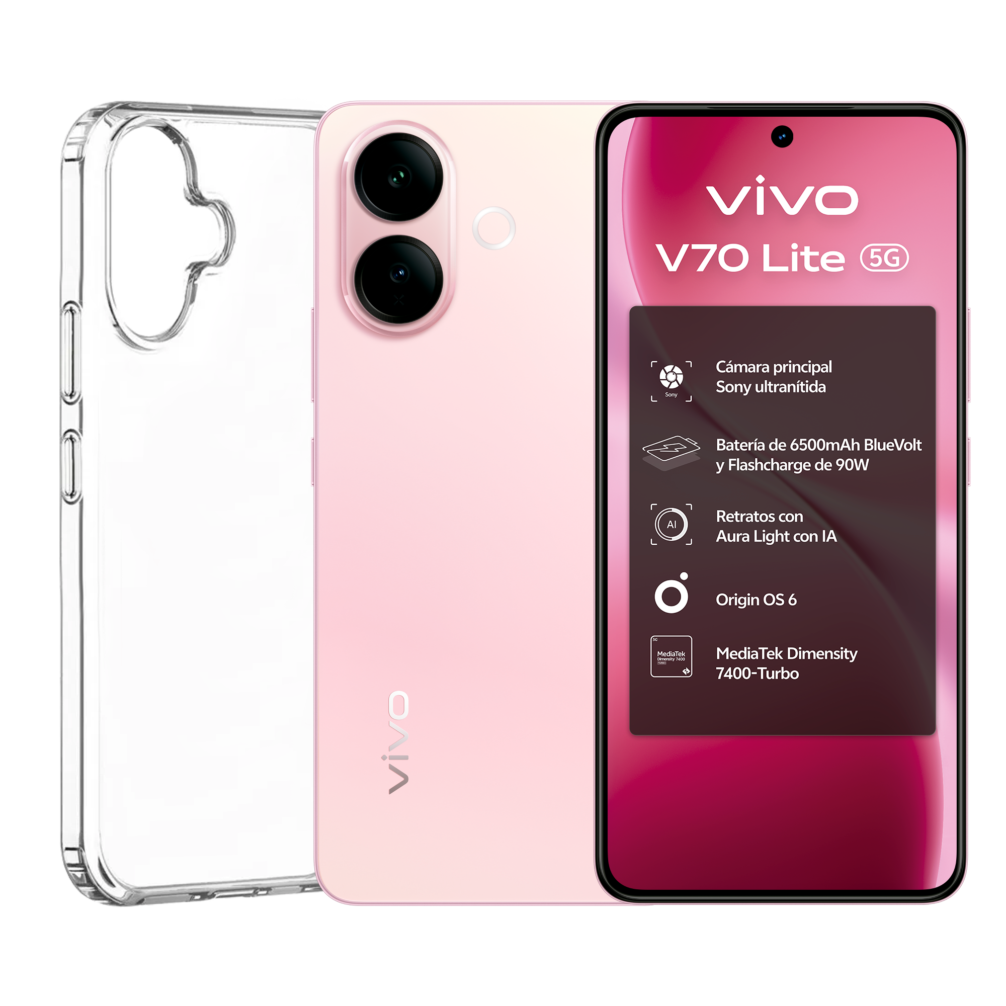Smartphone vivo V70 Lite 5G de 256GB en color Pop Pink con diseño plano y cuerpo ultradelgado.
