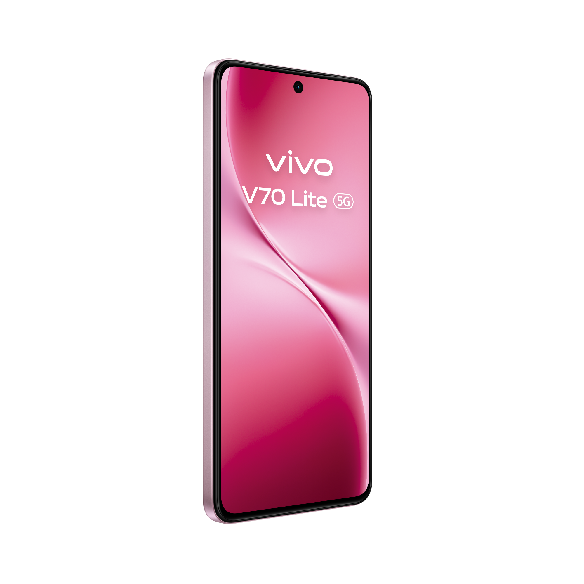 Vista trasera en ángulo de tres cuartos mostrando el acabado brillante del vivo V70 Lite 5G Pop Pink.