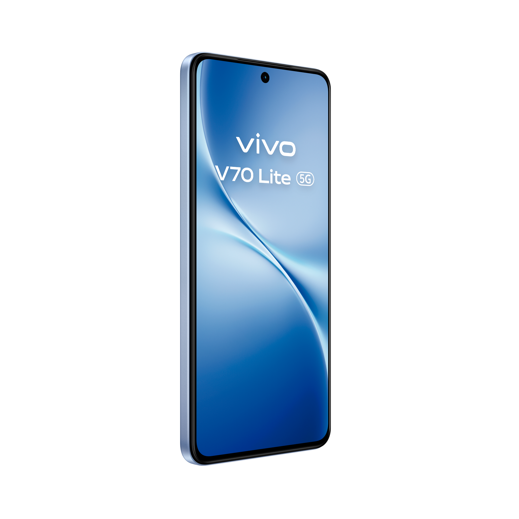 Vista en perspectiva del vivo V70 Lite 5G Titanium Blue destacando el juego de luces en su parte trasera.