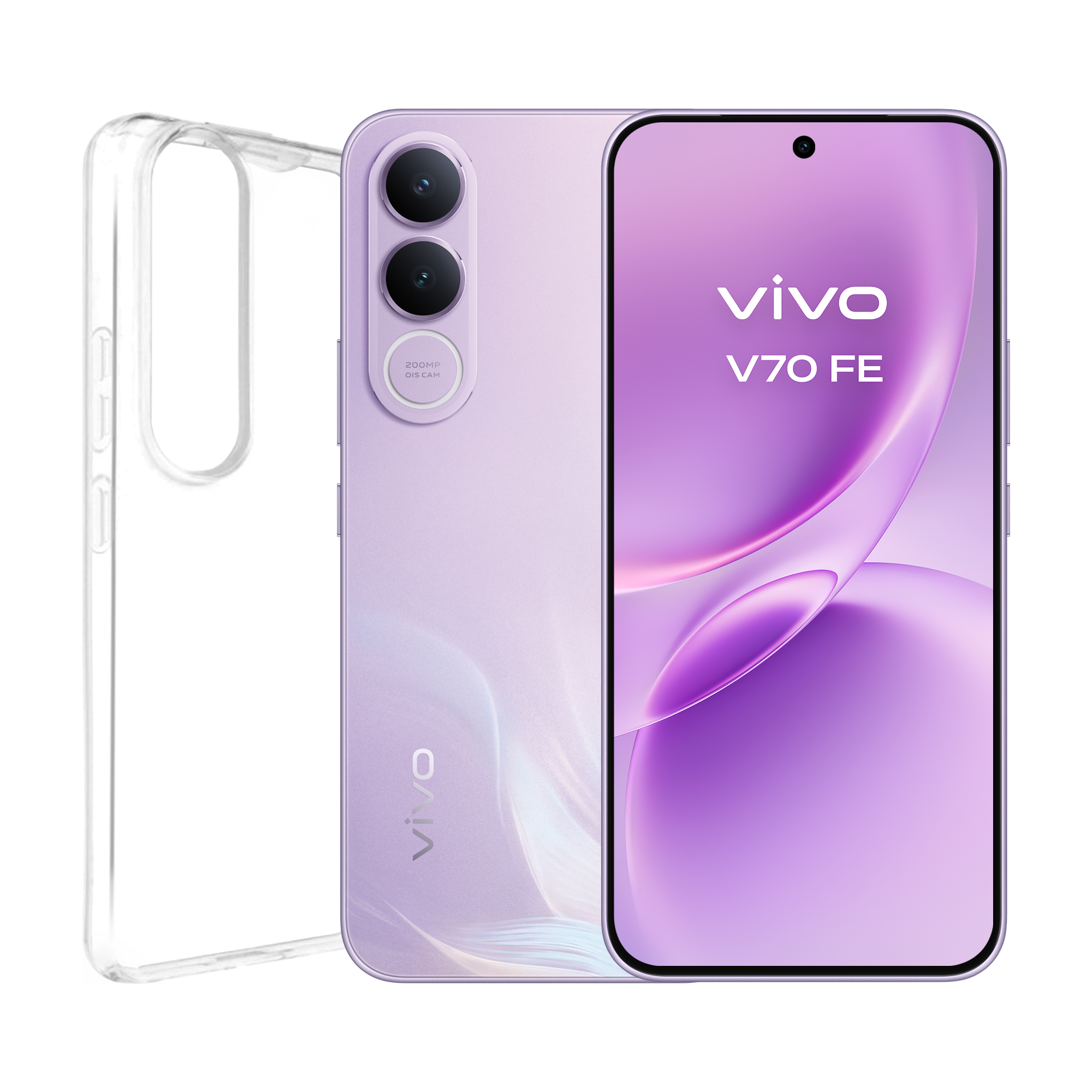 Smartphone vivo V70FE de 256GB en color Muse Purple mostrando su diseño elegante y módulo de cámara.