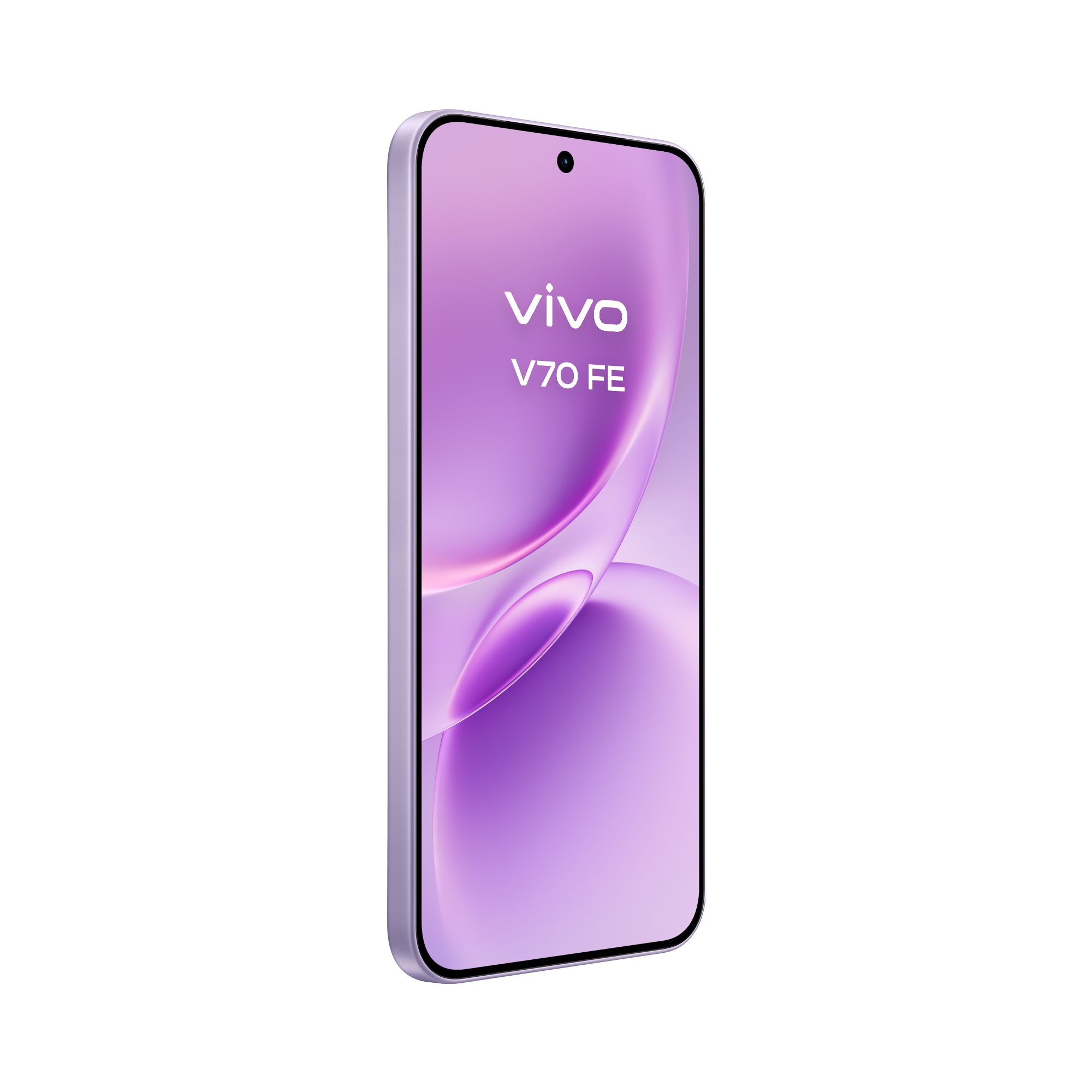 Vista diagonal en perspectiva del smartphone vivo V70FE Muse Purple mostrando el brillo de su acabado.