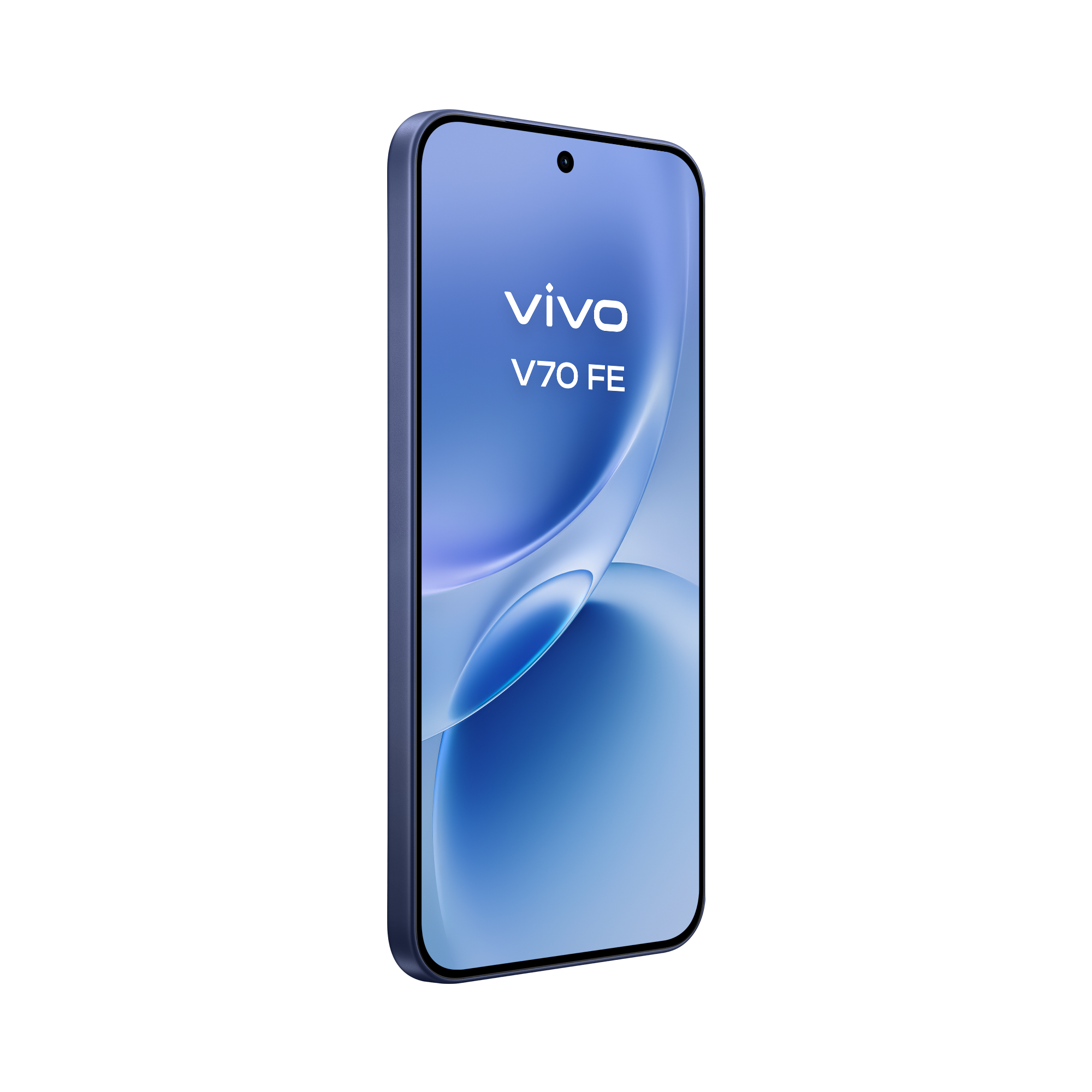 Perspectiva trasera inclinada del smartphone vivo V70FE Ocean Blue mostrando su elegante estética.