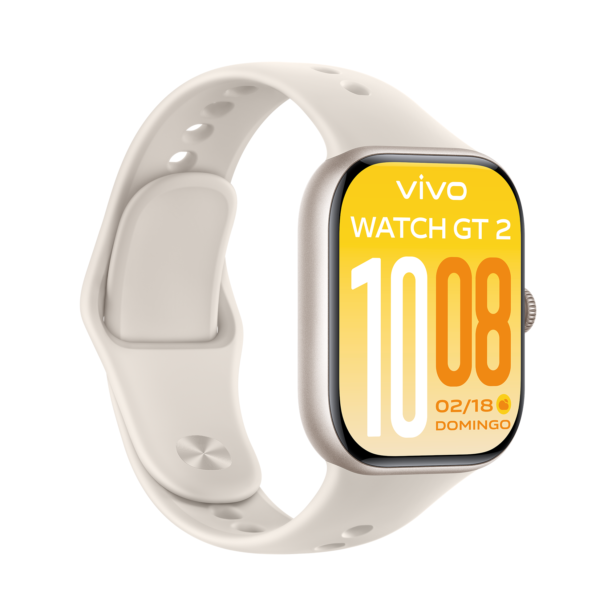 Pantalla del reloj inteligente vivo Watch GT2 blanco con fondos interactivos de mascotas y sistema de correas de liberación rápida.