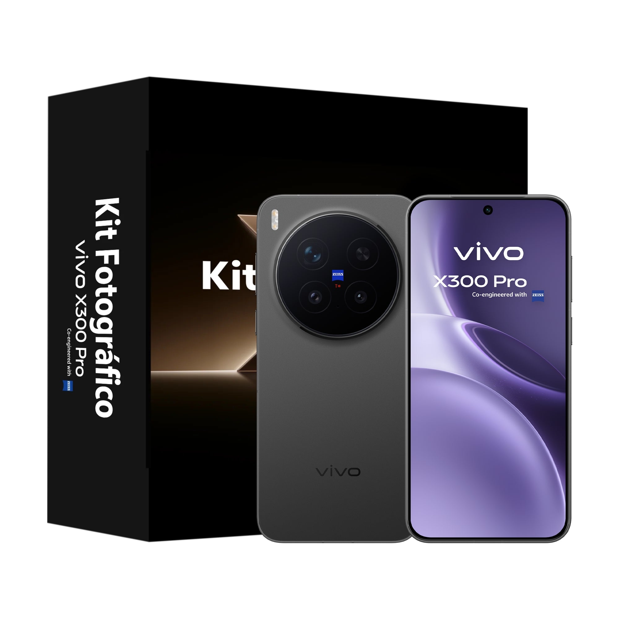 Kit oficial vivo X300 Pro Phantom Black que incluye el smartphone de gama alta junto a la lente y el grip fotográfico.