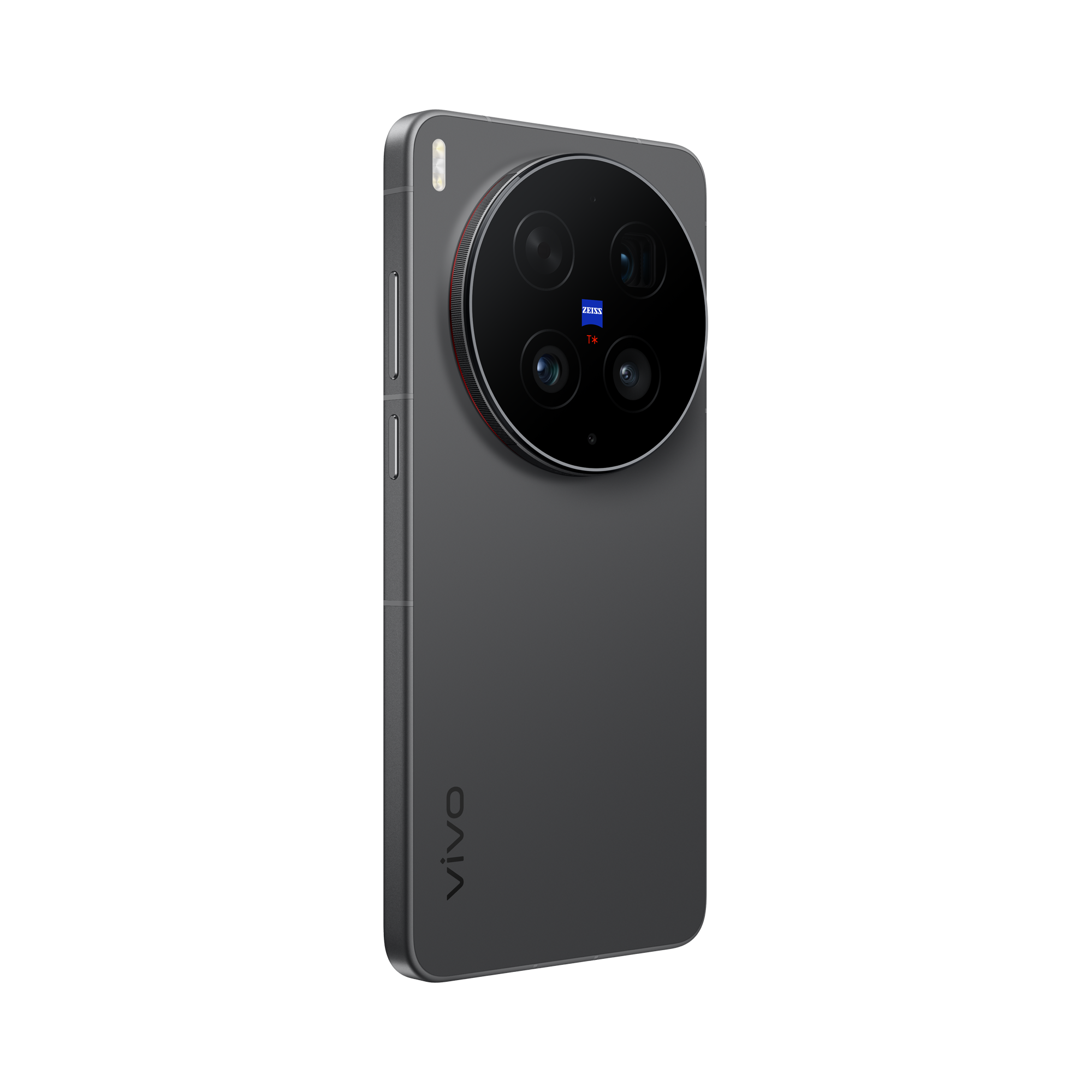 Perspectiva del smartphone vivo X300 Ultra Volcano Black junto a su puerto de conexión compatible con el cargador rápido de 100W incluido en la caja.
