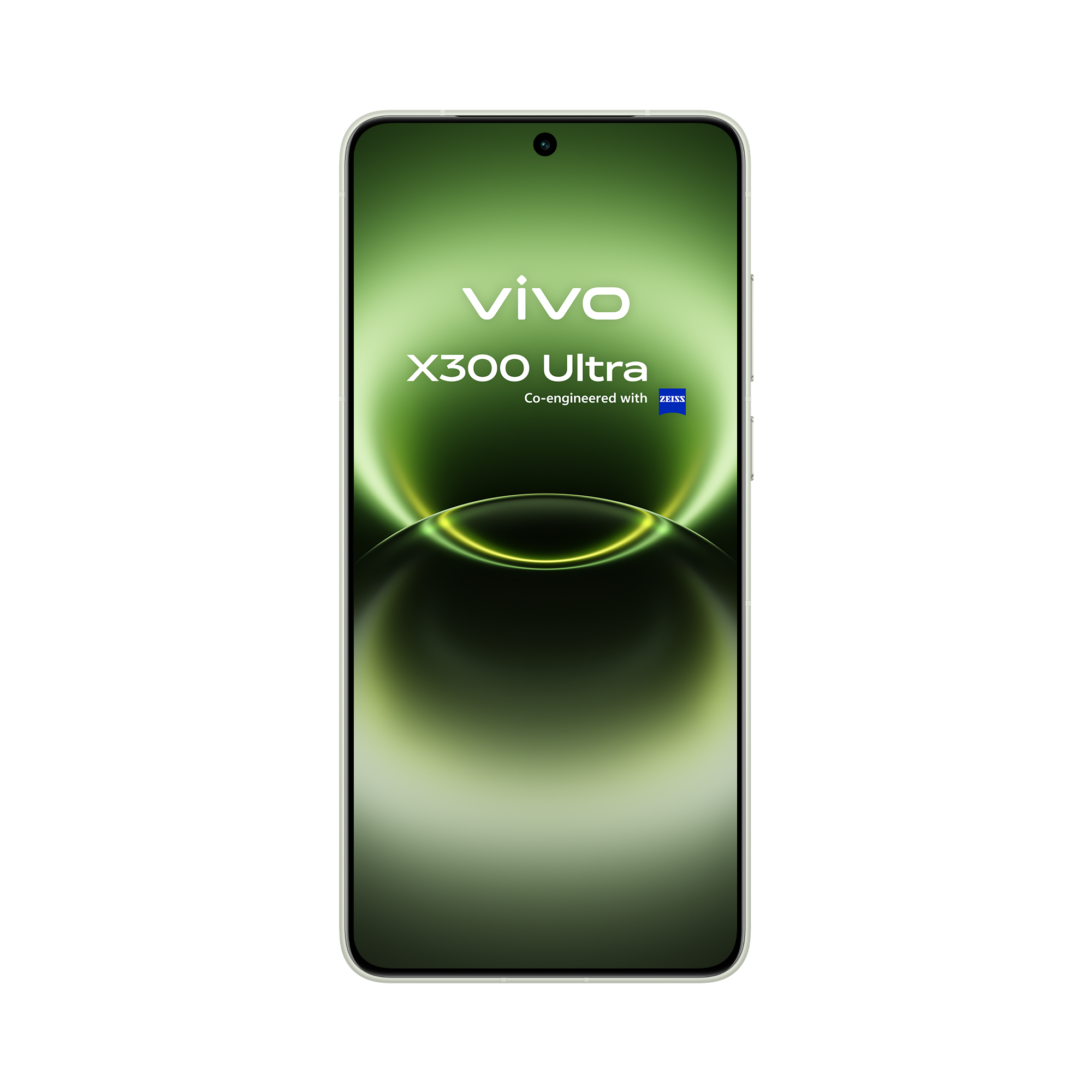 Vista lateral de perfil del smartphone vivo X300 Ultra color Steppe Green que resalta el acabado estriado metálico inspirado en las ópticas clásicas.