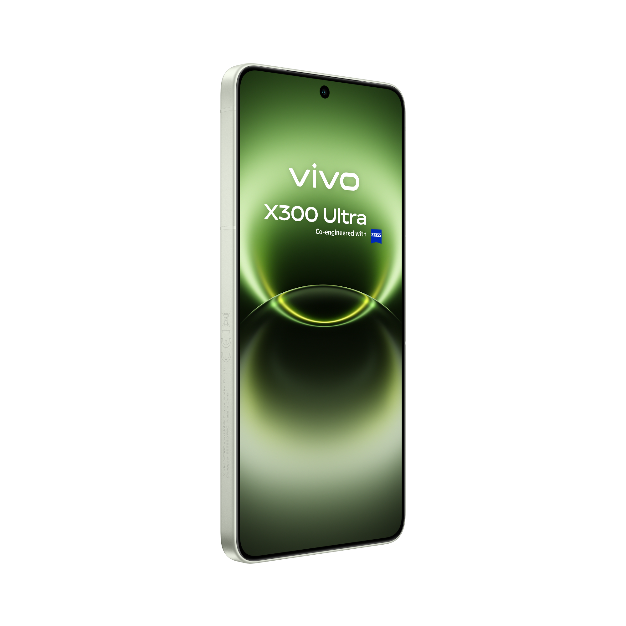Imagen en perspectiva del smartphone vivo X300 Ultra color verde equipado con sensor auxiliar con detección de color de 12 canales para un balance de blancos preciso.