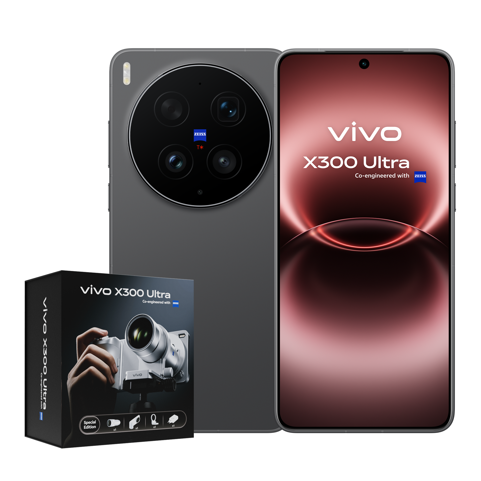 Teléfono vivo X300 Ultra Volcano Black con el kit de empuñadura acoplado, diseñado para ofrecer una experiencia de disparo de cámara clásica.
