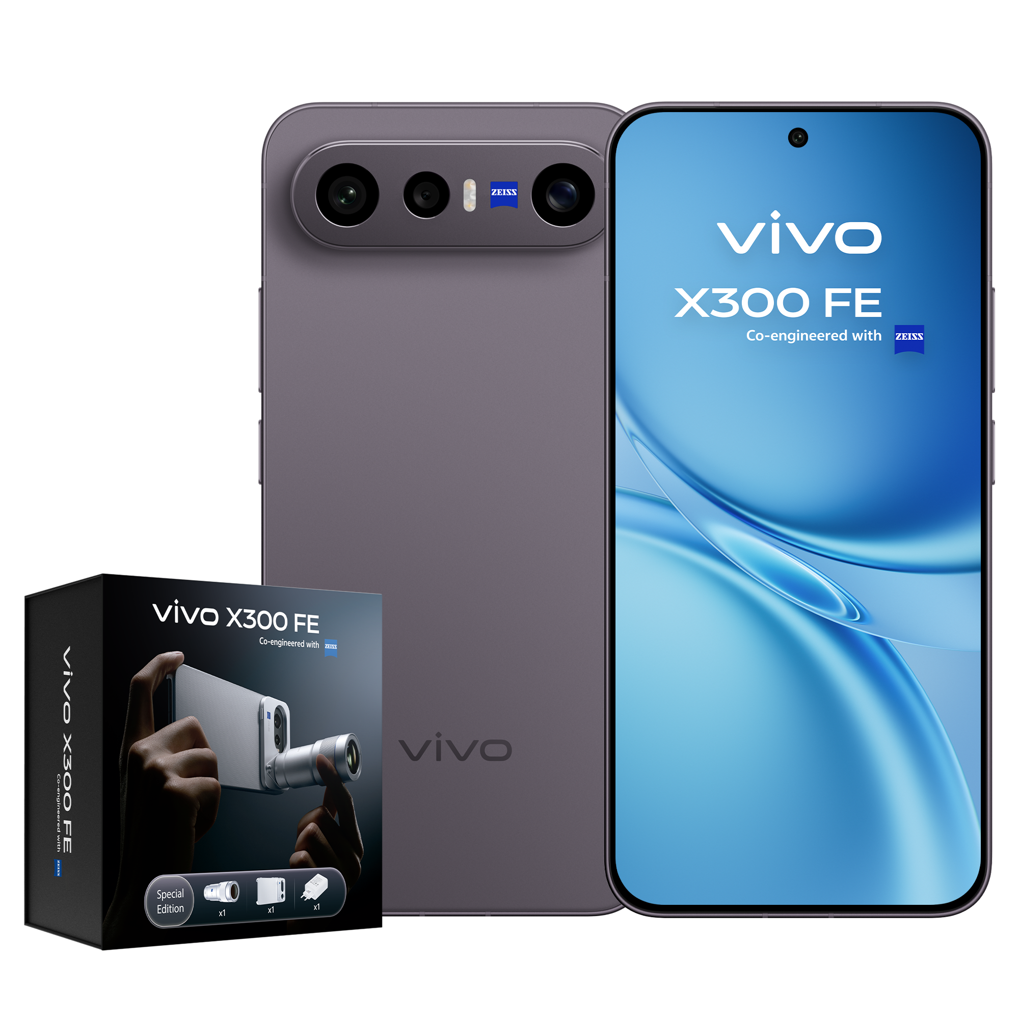 Kit profesional vivo X300FE Luxe Black con el teléfono móvil visto por delante y por detrás junto a la caja del pack fotográfico.