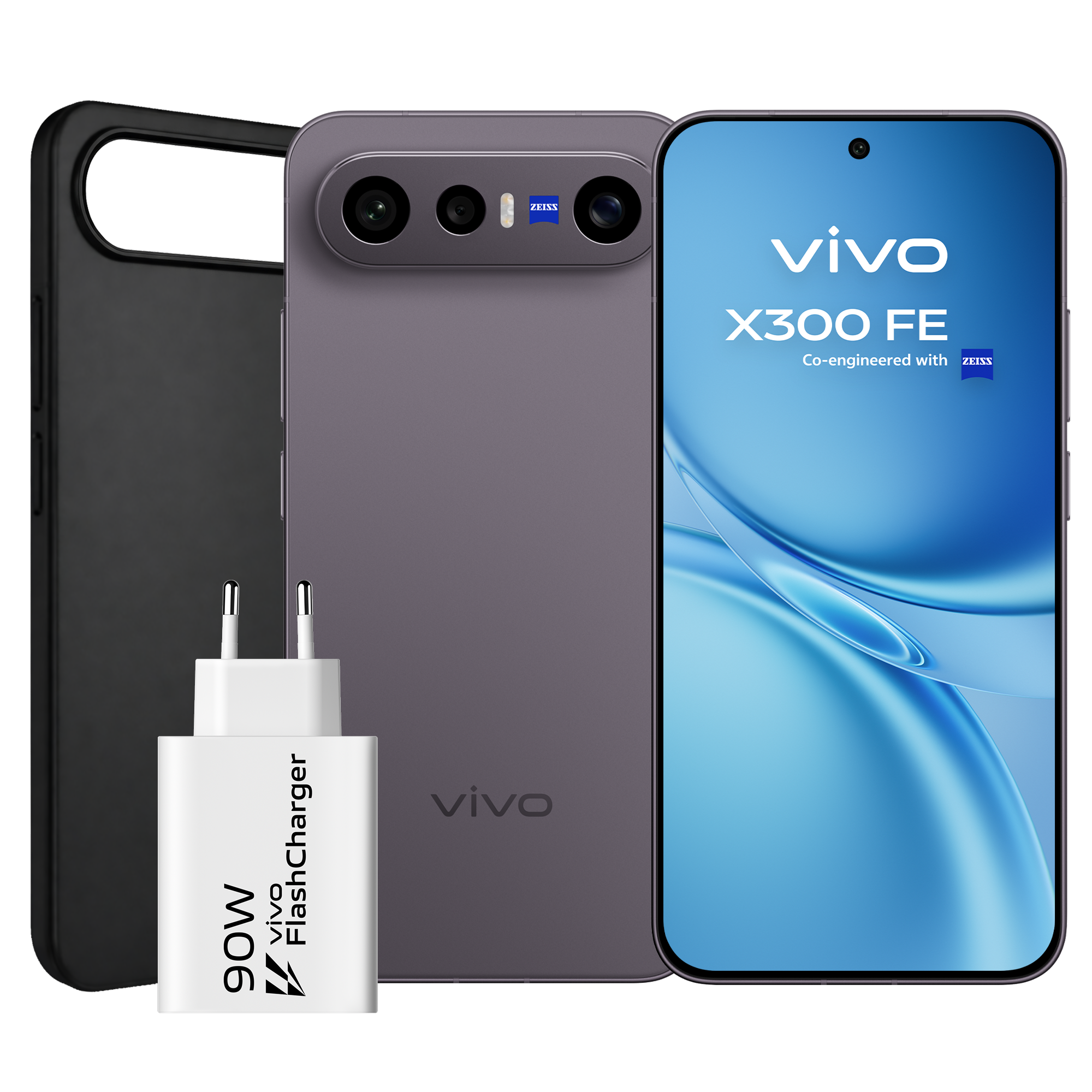 Teléfono móvil vivo X300FE Luxe Black acompañado de su cargador rápido de 90W incluido.