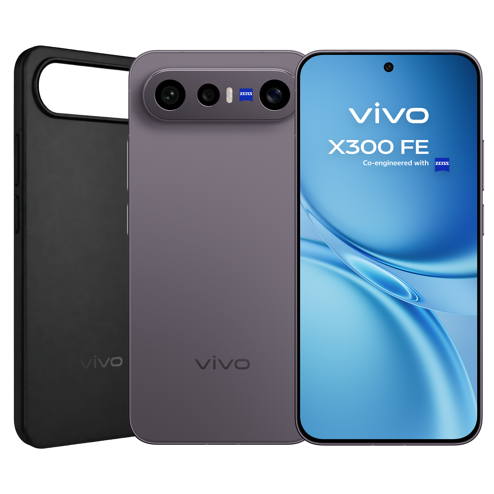 Frontal del smartphone vivo X300FE Luxe Black con biseles delgados y cámara selfie integrada.