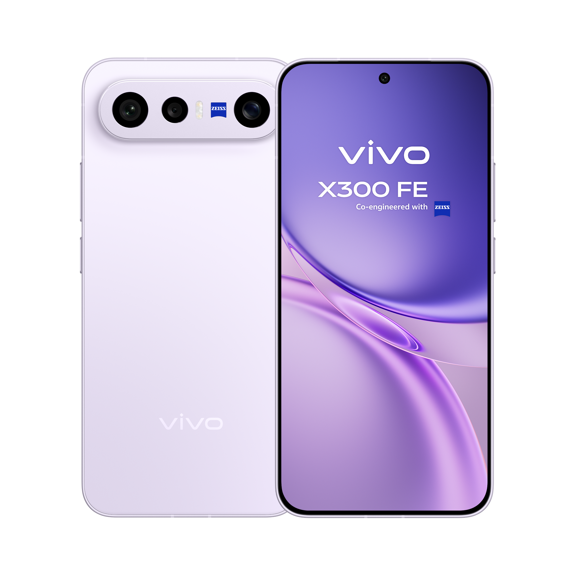 Parte trasera del vivo X300FE Mist Purple destacando el módulo de cámara superteleobjetivo ZEISS de 50 megapíxeles.
