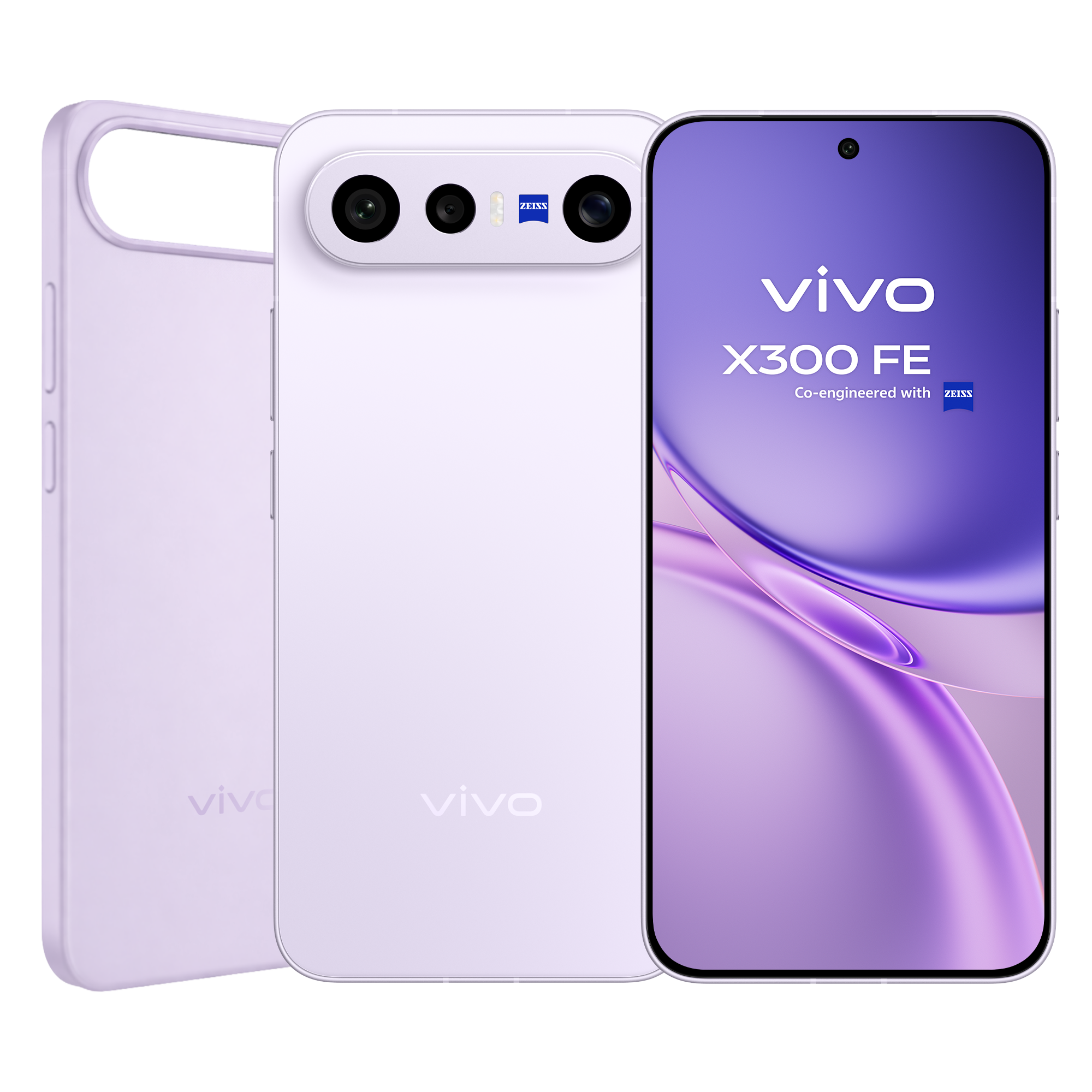 Vista frontal del vivo X300FE Mist Purple mostrando su pantalla compacta y ergonómica de 6,31 pulgadas.