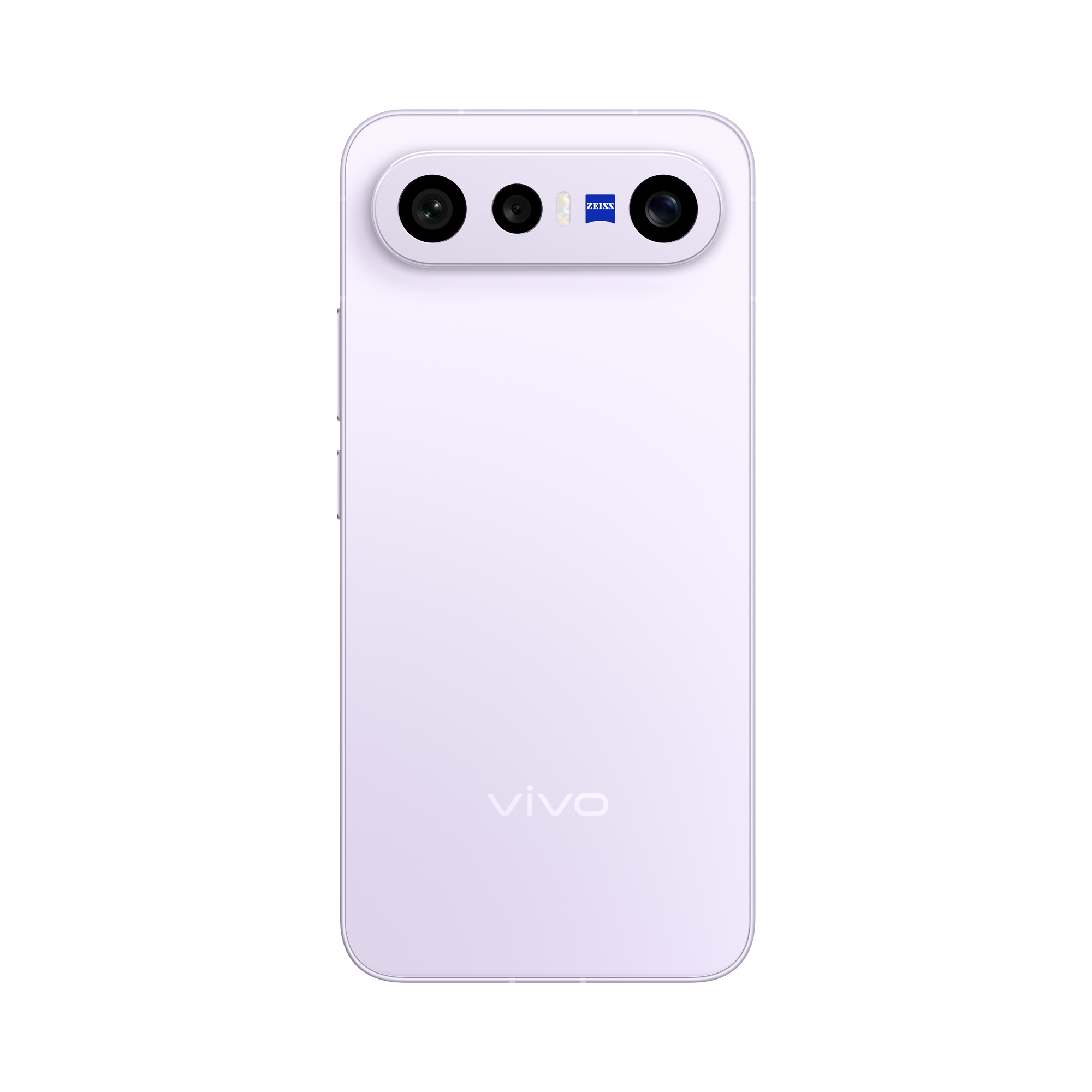 Vista de perfil lateral del smartphone vivo X300FE Mist Purple mostrando su diseño ergonómico de bordes planos.